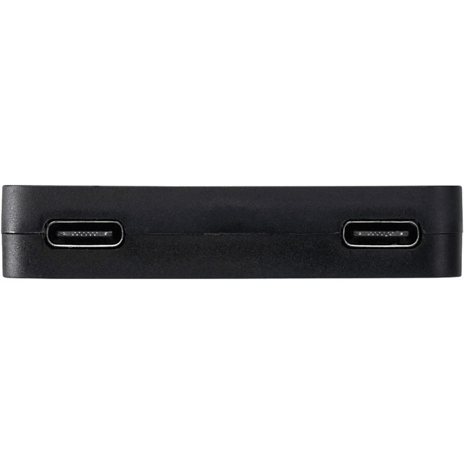 A black USB hub featuring two USB-A and two Type-C ports on one side. It has a simple, sleek design.
