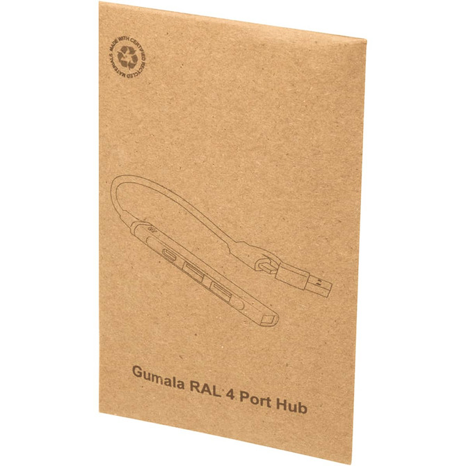 A brown cardboard packaging featuring a sketch of the Alkaid 4-Port Recycled Aluminium USB-A & Type-C Hub with dual input.