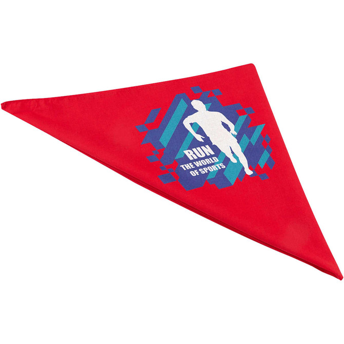 A red Heracles Bandana with a graphic design featuring a silhouette of a runner and abstract shapes.