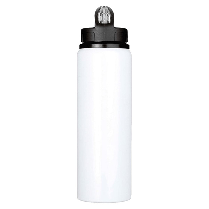 A drink bottle in white with a black lid, featuring a flip-top spout and a branding logo.
