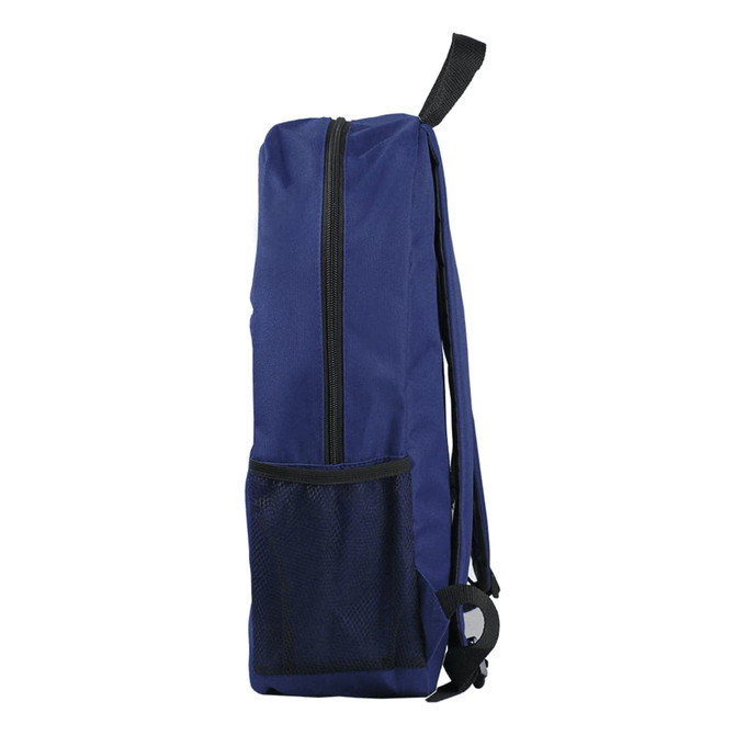 A blue Urban Sports Backpack featuring a zip closure and a mesh side pocket, with a logo.
