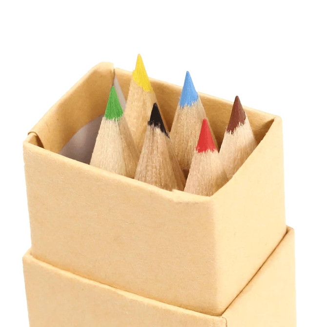 A box of coloured pencils featuring red, blue, green, yellow, and brown shades, presented in a plain cardboard packaging.