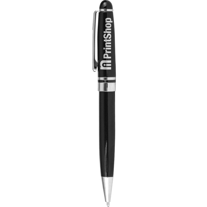 A black pen with a silver clip and branding, featuring a sleek design.