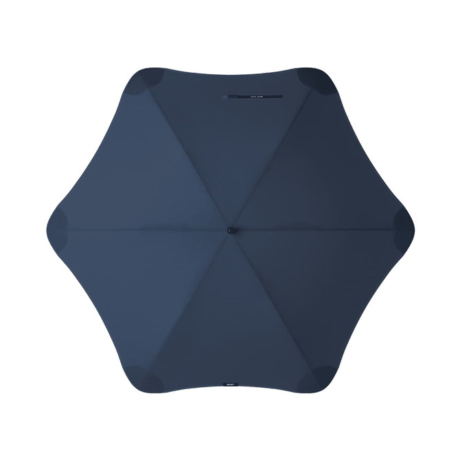 A BLUNT Sport Umbrella in dark blue, featuring a unique star-like shape and a central opening mechanism.