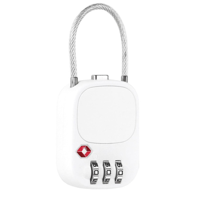 A white TSA lock with a flexible metal shackle and a combination dial, featuring a small logo.
