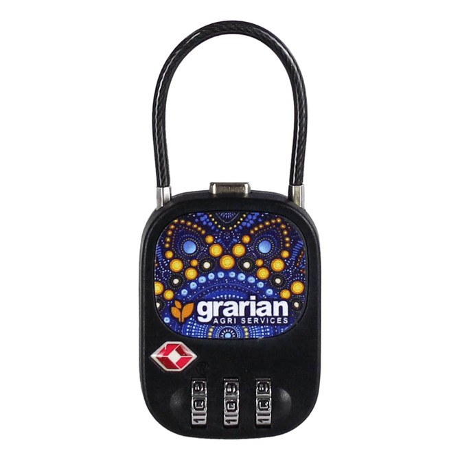 A TSA-approved lock featuring a colourful design and a branding logo, with a metal shackle and combination mechanism.