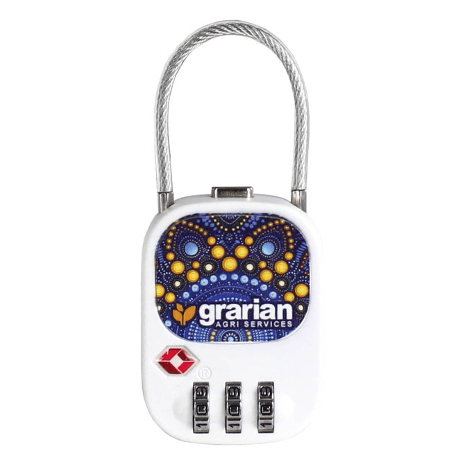A TSA lock with a colourful patterned design and branding, featuring a metal shackle and a combination dial.