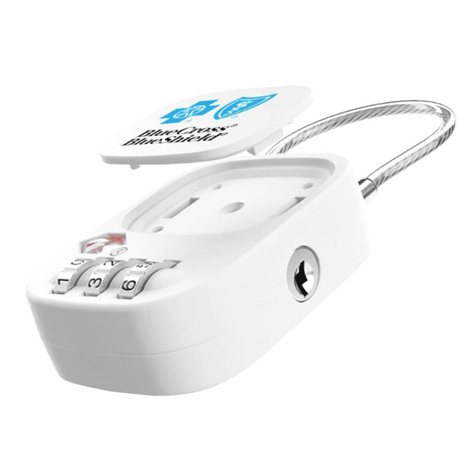 A white TSA lock with a cable and a combination keypad, featuring a small logo on the top.
