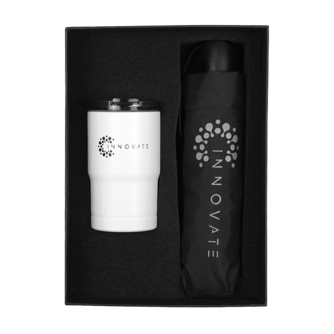 A white tumbler and a black umbrella, presented in a black gift box with branding.