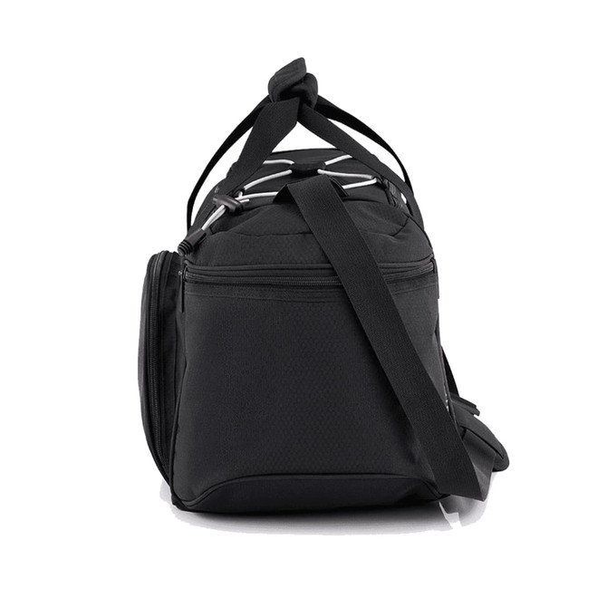 A black travel duffel bag featuring a zippered main compartment and a detachable shoulder strap, with some branding visible.