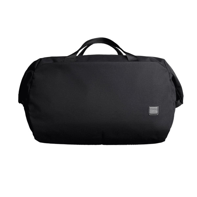 A black duffel bag with a logo and two top handles, designed for versatile travel or storage.