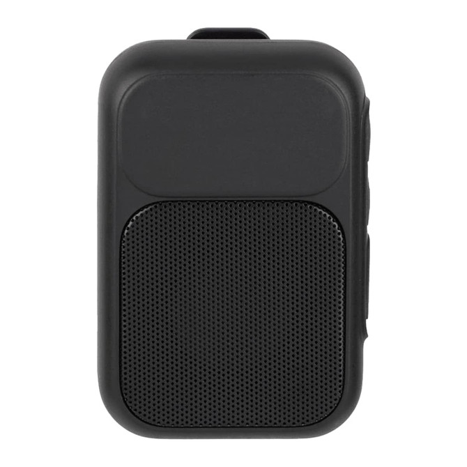 A black Bluetooth speaker with a textured speaker grille and a smooth surface on the top, featuring a logo.