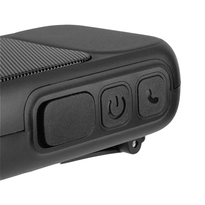 A black outdoor Bluetooth speaker with control buttons on the side and a textured surface. It includes a logo.