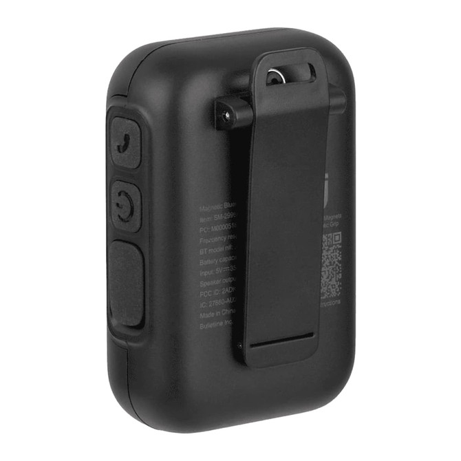 A black Bluetooth speaker with a clip on the back and control buttons on the side, featuring a logo.