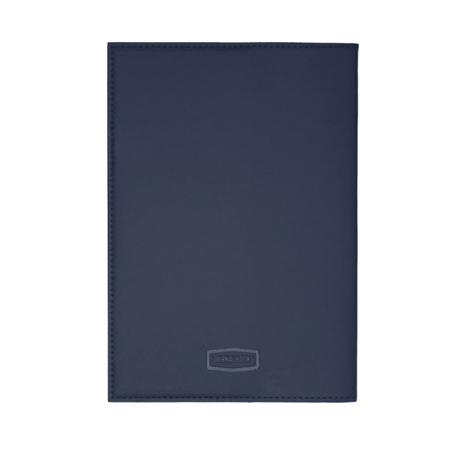 A navy blue leather refillable journal with a smooth finish and a logo on the cover.