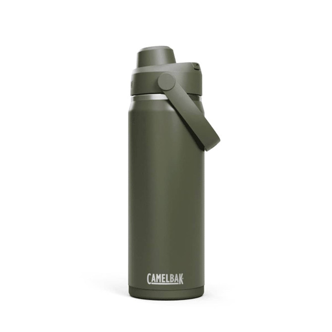 A drink bottle in olive green with a secure lid and a carry handle. It features a logo on the body.