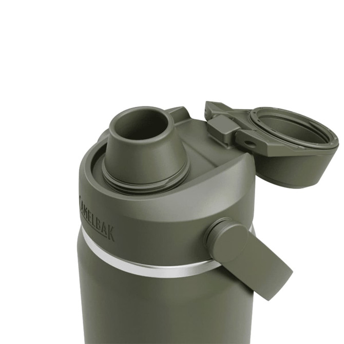 A drink bottle in olive green with a spout and removable cap, featuring a logo on the side.