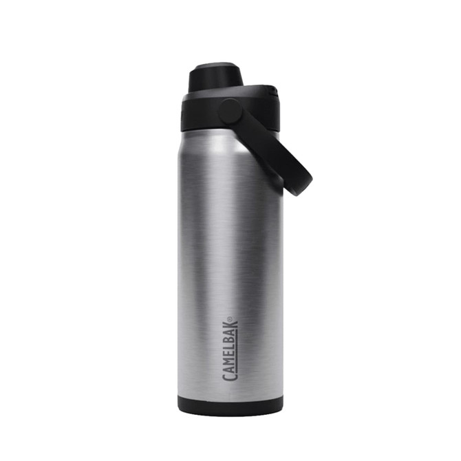 A drink bottle in stainless steel with a black lid and a carry handle, featuring a logo.