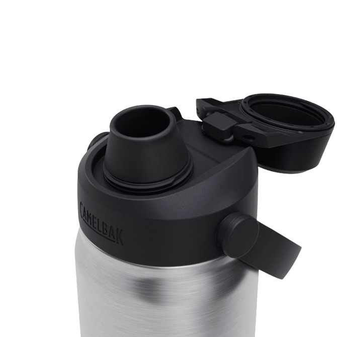 A drink bottle with a stainless steel body and black lid, featuring a spout and a secure cap.
