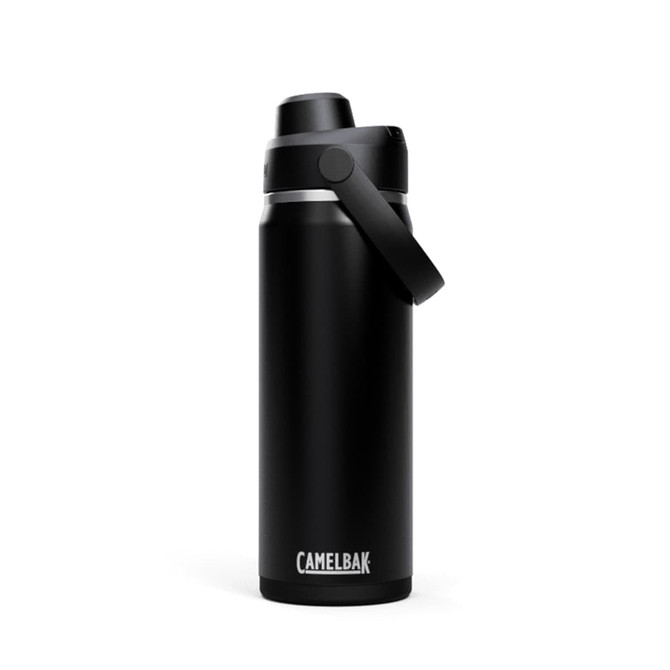 A drink bottle in sleek matte black with a carry handle and a spout lid, featuring a logo.