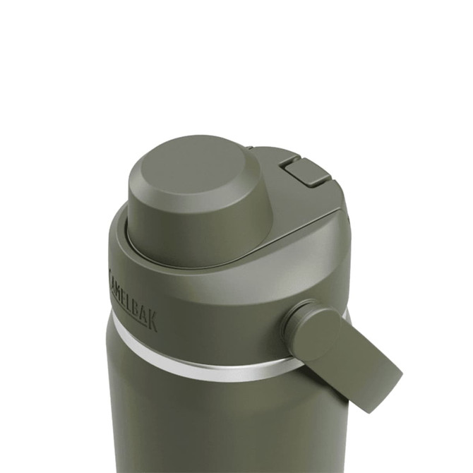 A drink bottle in an olive green colour with a silver band and a lid featuring a thumb lever and branding.