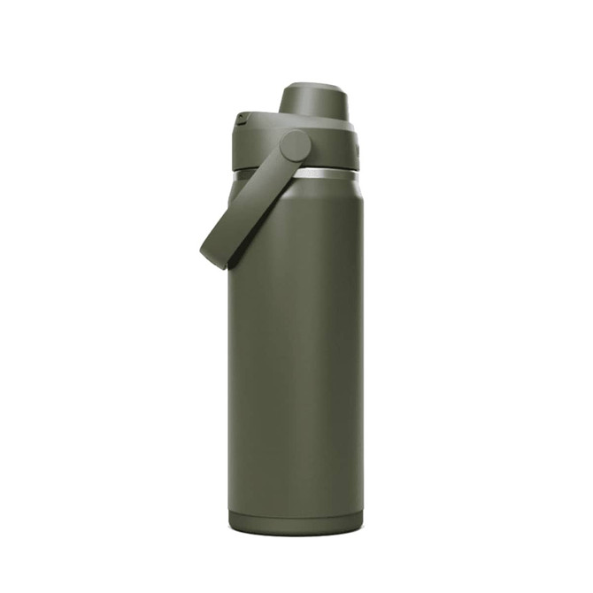A drink bottle in olive green with a flip lid and a handle, featuring a logo on the surface.
