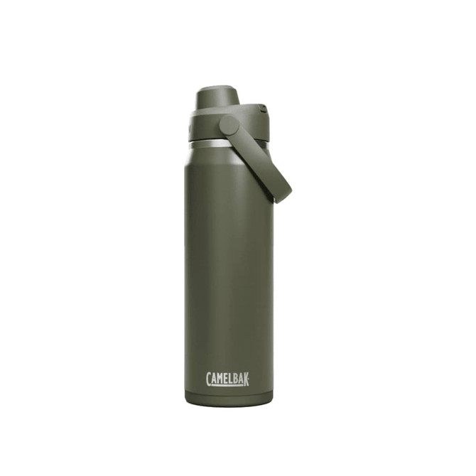 A drink bottle in an olive green shade with a flip-top lid and a logo.