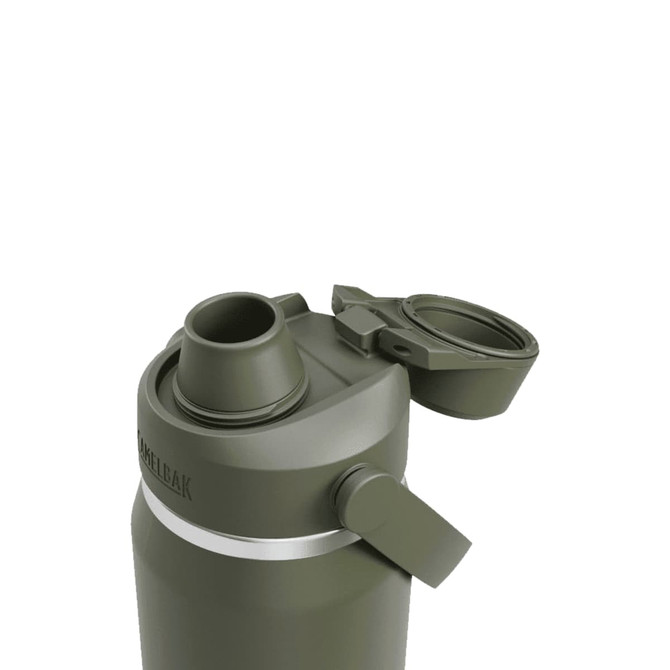 A drink bottle in olive green with a wide mouth and a flip-top lid, featuring a logo.