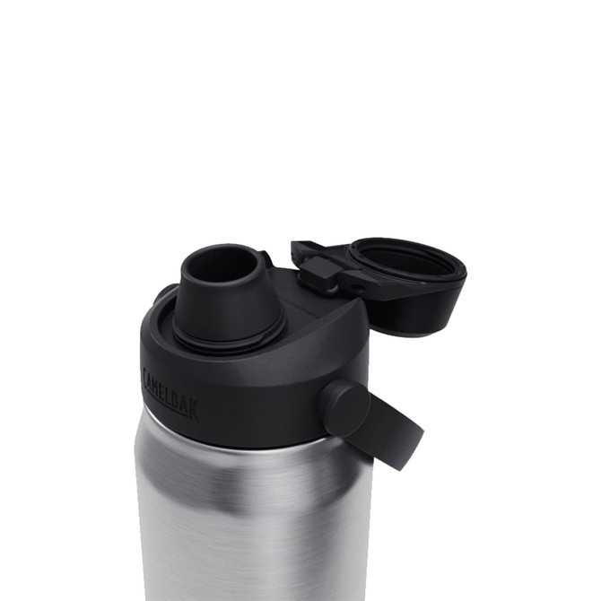 A drink bottle featuring a stainless steel body with a black cap and spout, including a logo on the side.