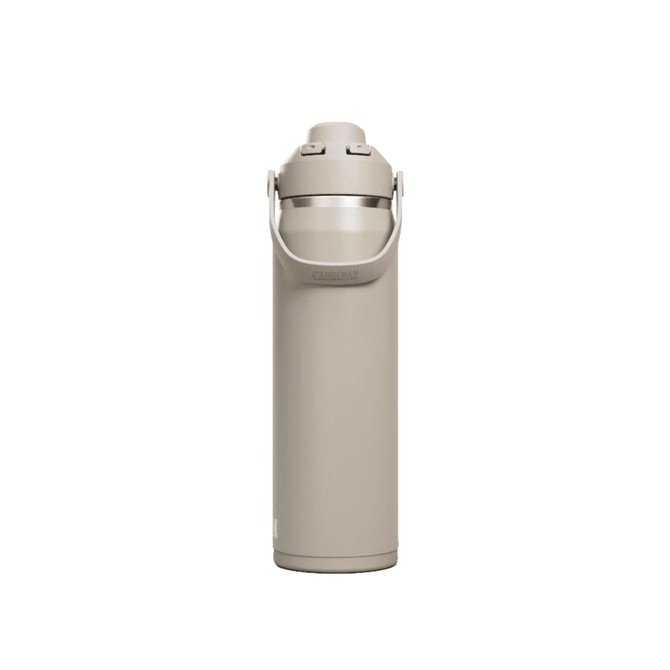 A drink bottle in a light beige colour with a handle and a silver lid, featuring a logo.