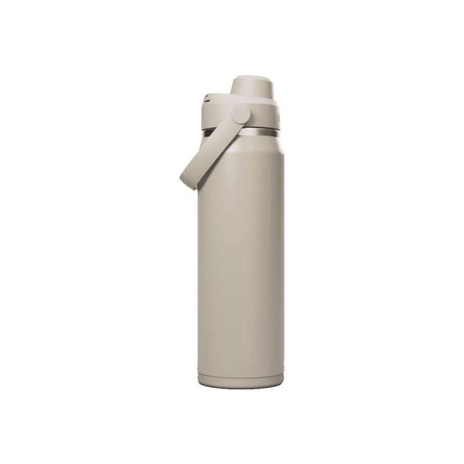 A drink bottle in a beige hue with a lid and a carrying handle. It features a logo on its surface.