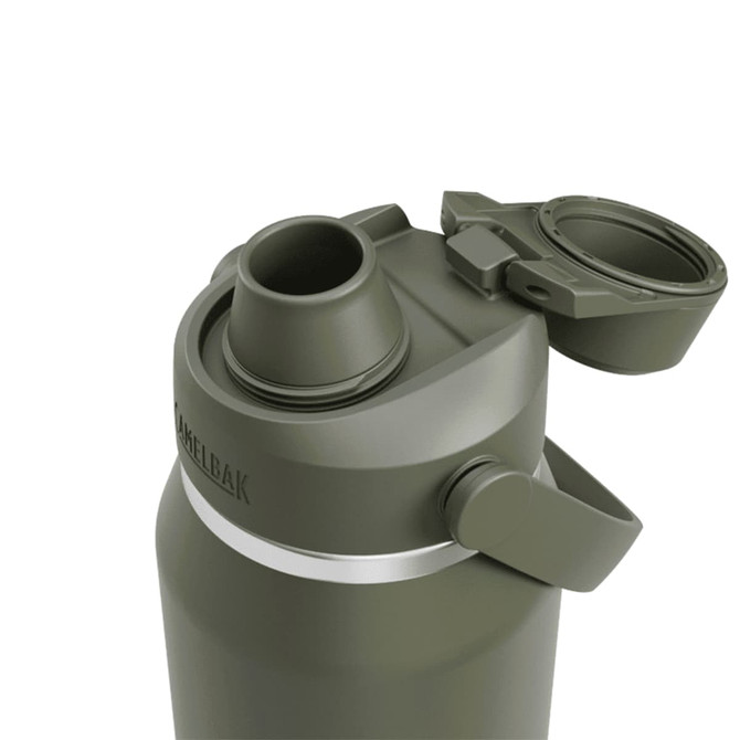A drink bottle in olive green with a screw-on lid and a flip top cap, featuring a logo on the side.
