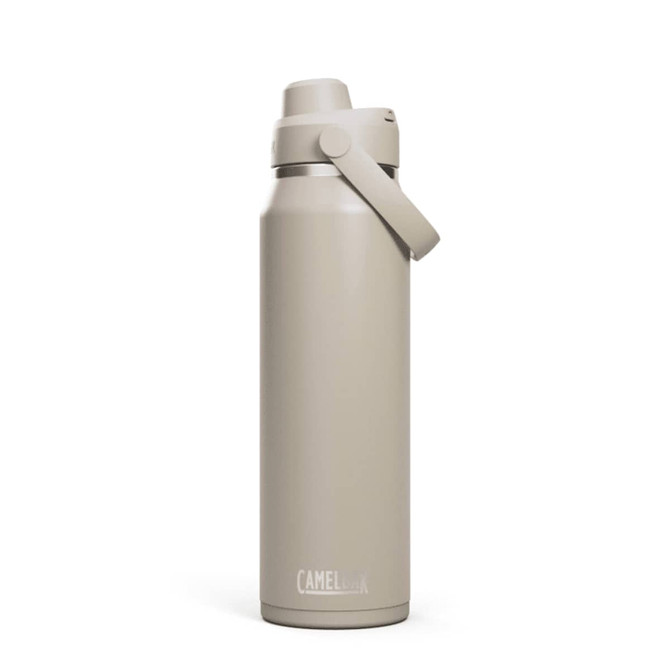 A drink bottle in a light beige colour with a screw-top lid and a handle, featuring a logo on the side.