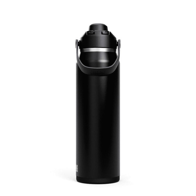 A drink bottle in black with a silver band, featuring a handle and a spout cap. It has a logo on the side.