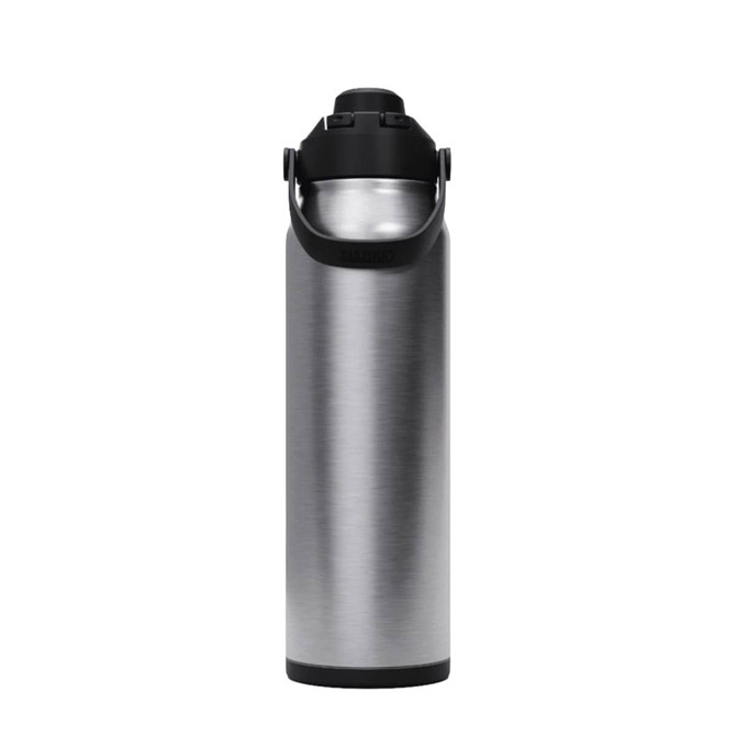 A drink bottle in a sleek silver finish with a black lid and handle. It features a branding logo.