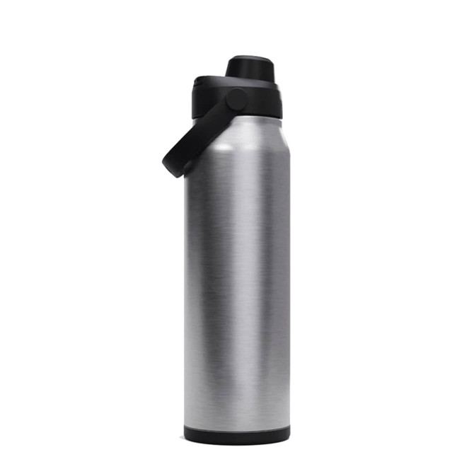 A drink bottle in silver with a black lid and handle, featuring a sleek, stainless steel design.