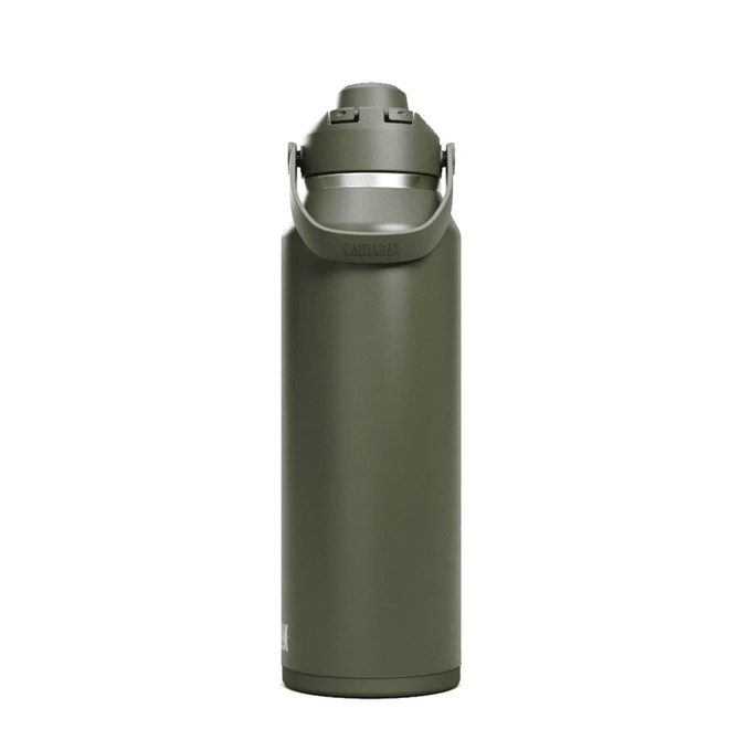 A drink bottle in olive green with a silver cap and handle, featuring a logo on the side.