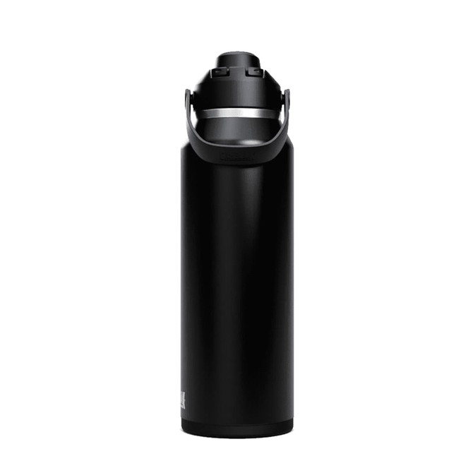 A drink bottle in black with a silver accent, featuring a screw-on lid and a handle, designed for easy carrying.