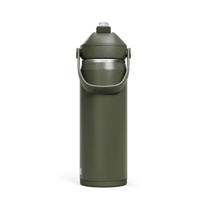 A drink bottle in olive green with a flip straw and a carrying handle. The bottle features a logo.