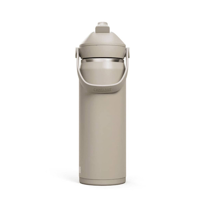 A drink bottle in a muted beige colour with a flip straw and a carry handle, featuring a logo.