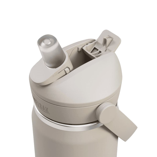 A drink bottle in a light beige colour featuring a flip straw and a secure lid, with a logo on the side.