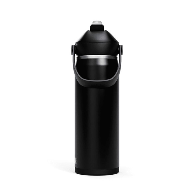 A drink bottle in black with a flip straw and carrying handle, featuring a logo on the side.