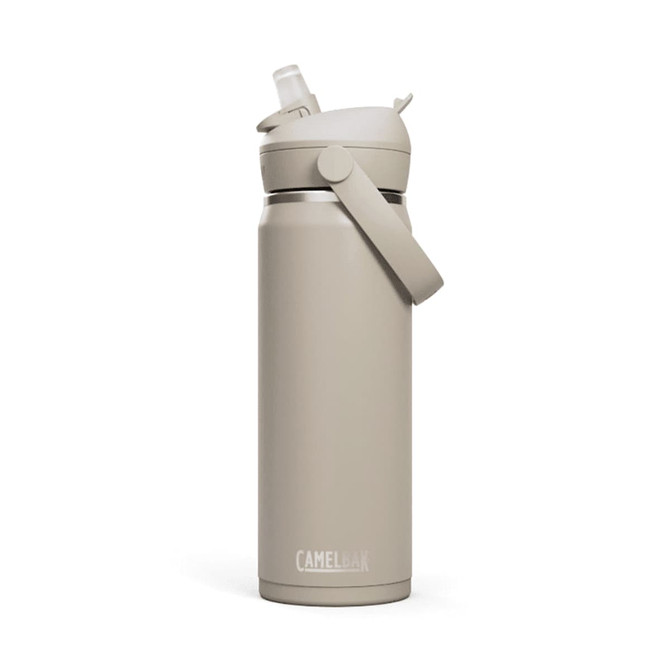 A drink bottle in a light beige colour with a flip straw and a side handle, featuring a logo.