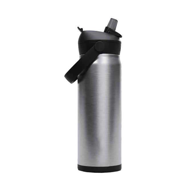 A drink bottle in silver metal with a black flip straw, featuring a black handle for easy carrying.