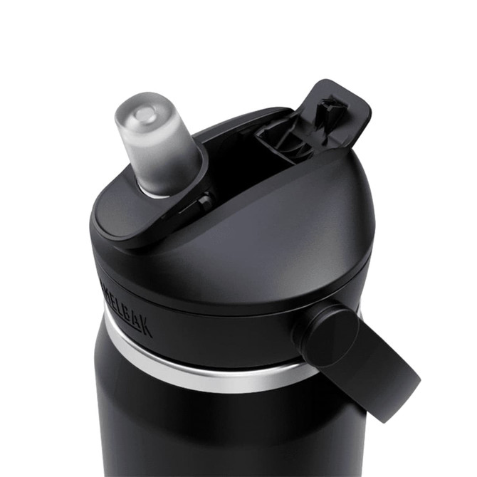 A drink bottle in black, featuring a flip straw lid and a shiny silver band, with a logo on the side.