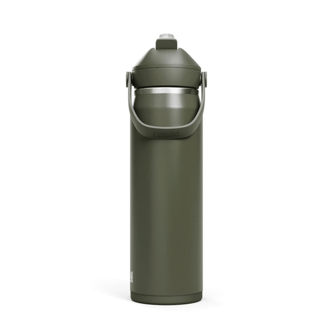 A drink bottle in olive green with a flip straw lid and carrying handle, featuring a logo on the side.