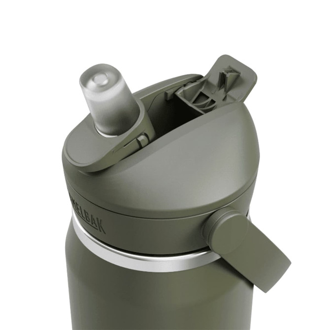 A drink bottle in olive green with a flip straw and a lid, featuring a branding logo.