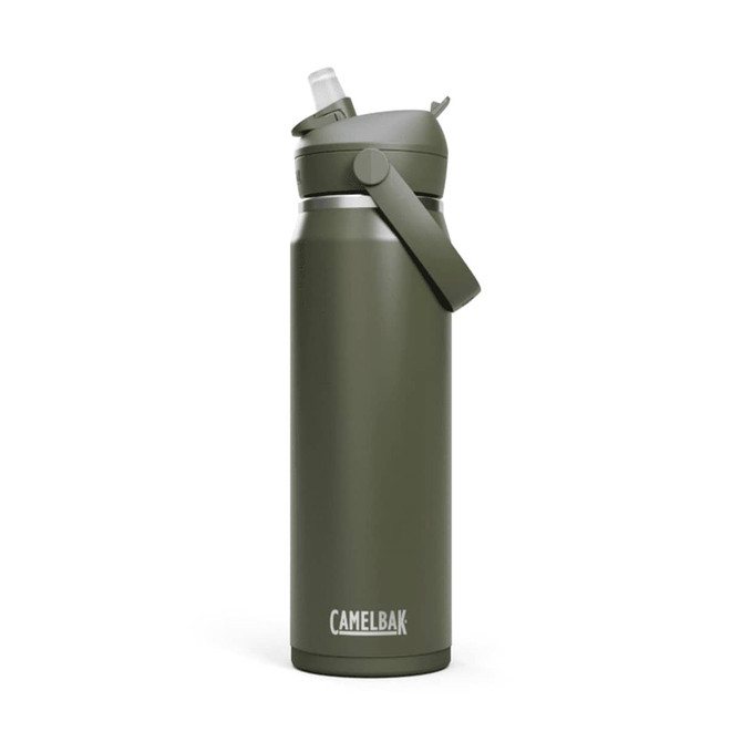 A drink bottle in olive green with a flip straw and an attached carry handle. It features a logo.