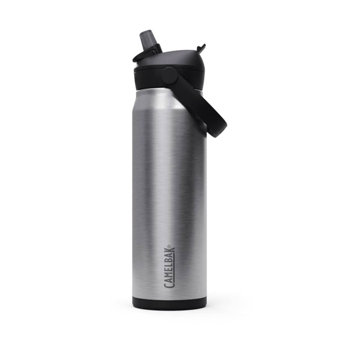 A drink bottle featuring a stainless steel body with a black flip straw lid and a logo.