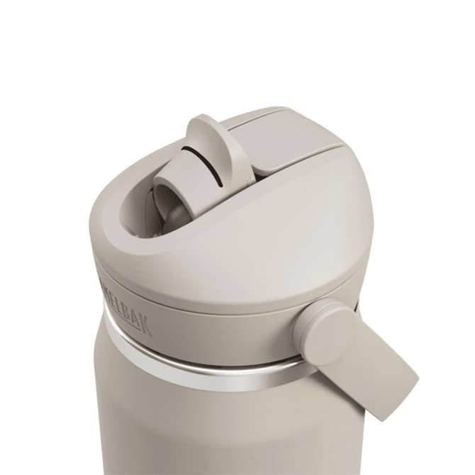 A drink bottle with a flip straw, featuring a muted beige colour and a logo on the side.